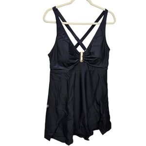 Arolina Swimdress Women Large Black V-Neck Cross Back One Piece Swimsuit